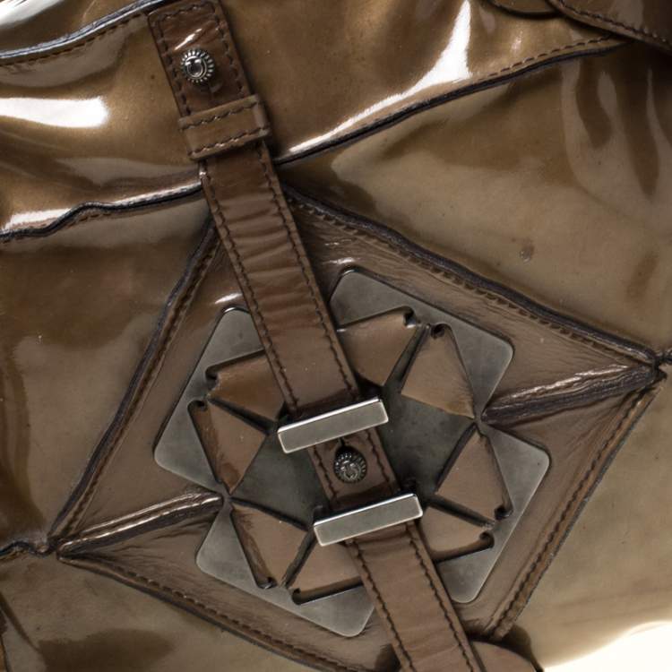 Pre Owned Salvatore Ferragamo Olive Green Patent Leather Satchel