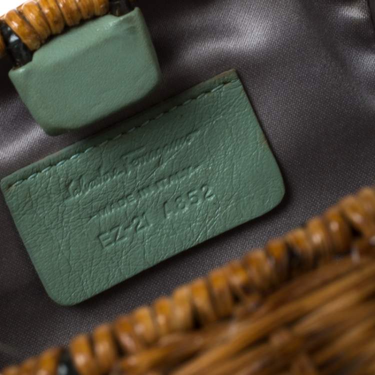 Pre Owned Salvatore Ferragamo Mint Green/Brown Rattan and Satin Bow Chain Clutch 