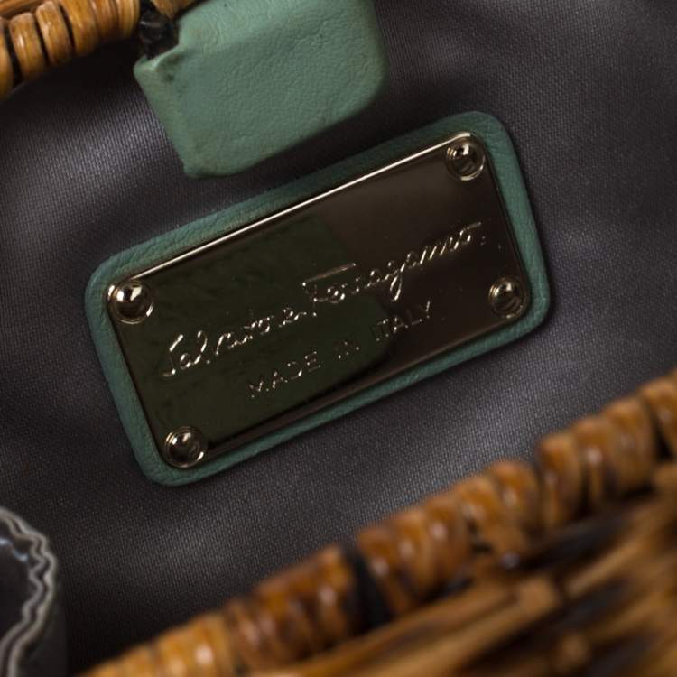 Pre Owned Salvatore Ferragamo Mint Green/Brown Rattan and Satin Bow Chain Clutch 