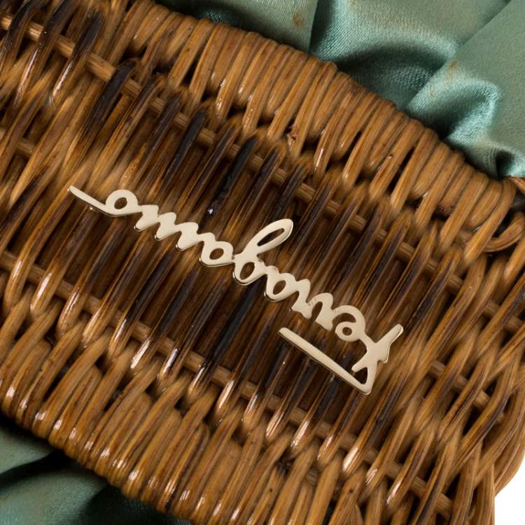 Pre Owned Salvatore Ferragamo Mint Green/Brown Rattan and Satin Bow Chain Clutch 