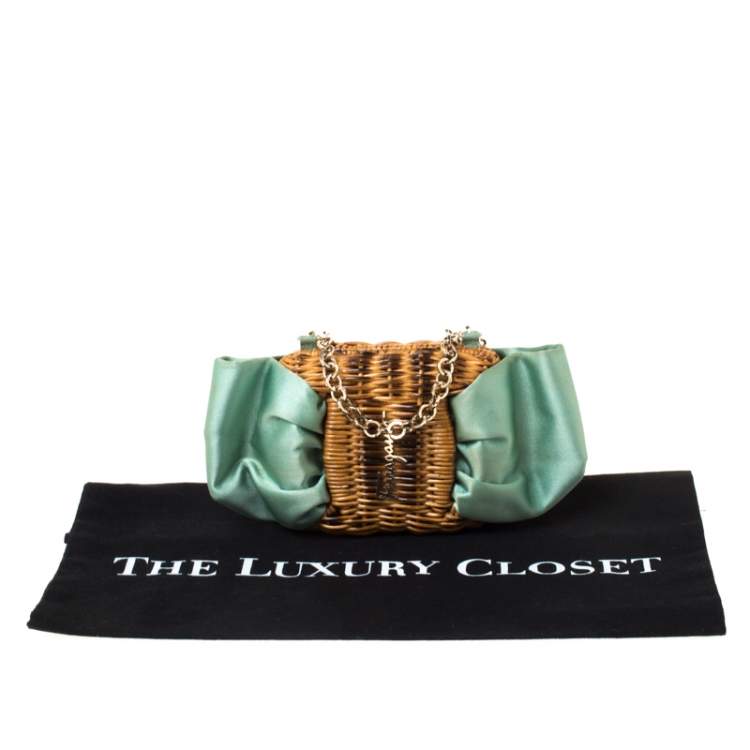 Pre Owned Salvatore Ferragamo Mint Green/Brown Rattan and Satin Bow Chain Clutch 