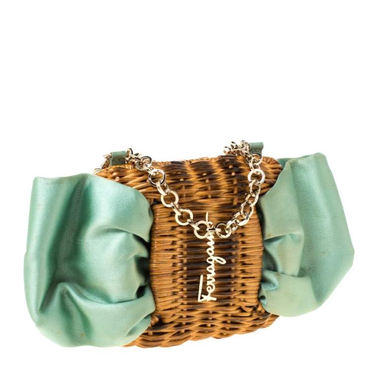 Pre Owned Salvatore Ferragamo Mint Green/Brown Rattan and Satin Bow Chain Clutch 