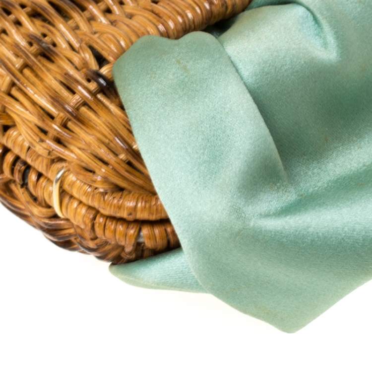 Pre Owned Salvatore Ferragamo Mint Green/Brown Rattan and Satin Bow Chain Clutch 