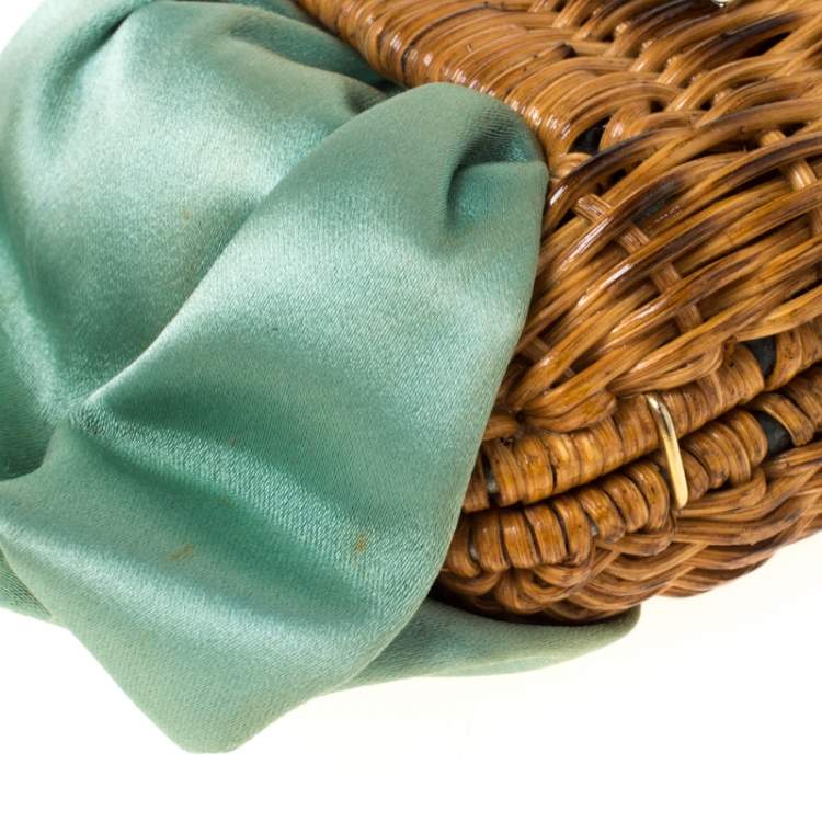 Pre Owned Salvatore Ferragamo Mint Green/Brown Rattan and Satin Bow Chain Clutch 