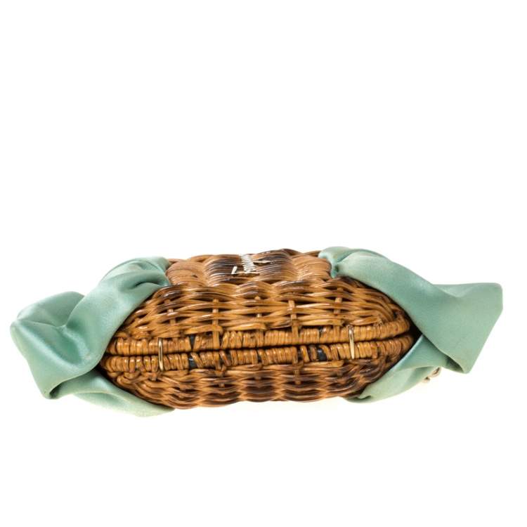 Pre Owned Salvatore Ferragamo Mint Green/Brown Rattan and Satin Bow Chain Clutch 
