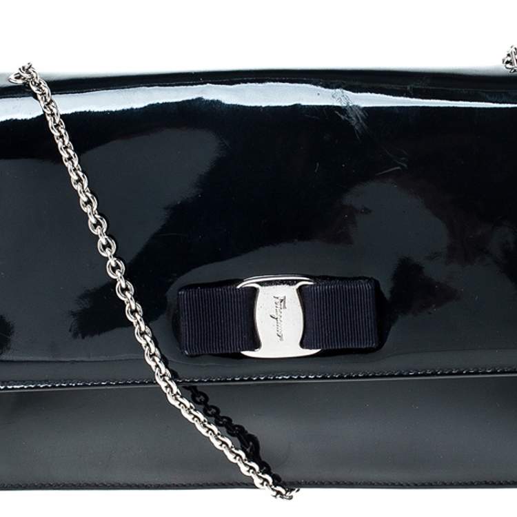Pre Owned Salvatore Ferragamo Navy Blue Patent Leather Crossbody Bag