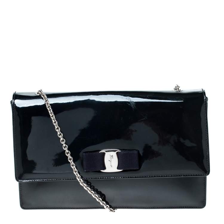 Pre Owned Salvatore Ferragamo Navy Blue Patent Leather Crossbody Bag