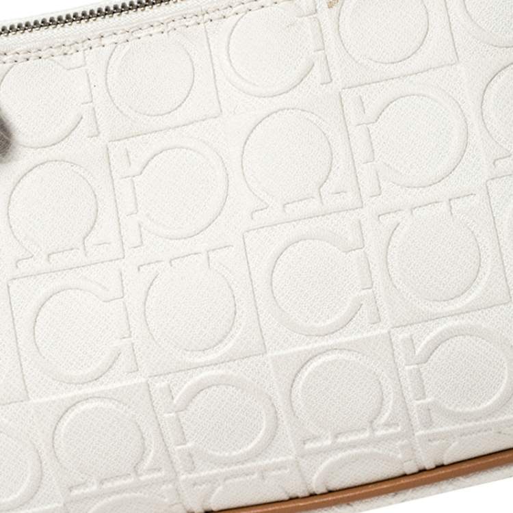 Pre Owned  Salvatore Ferragamo Off White/Brown Gancini Embossed Leather Shoulder Bag