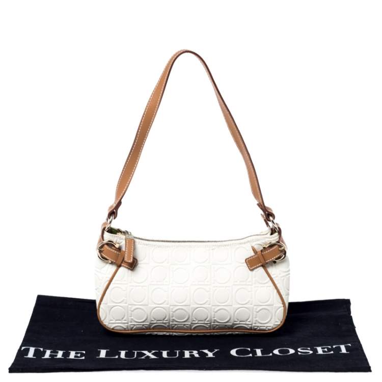 Pre Owned  Salvatore Ferragamo Off White/Brown Gancini Embossed Leather Shoulder Bag