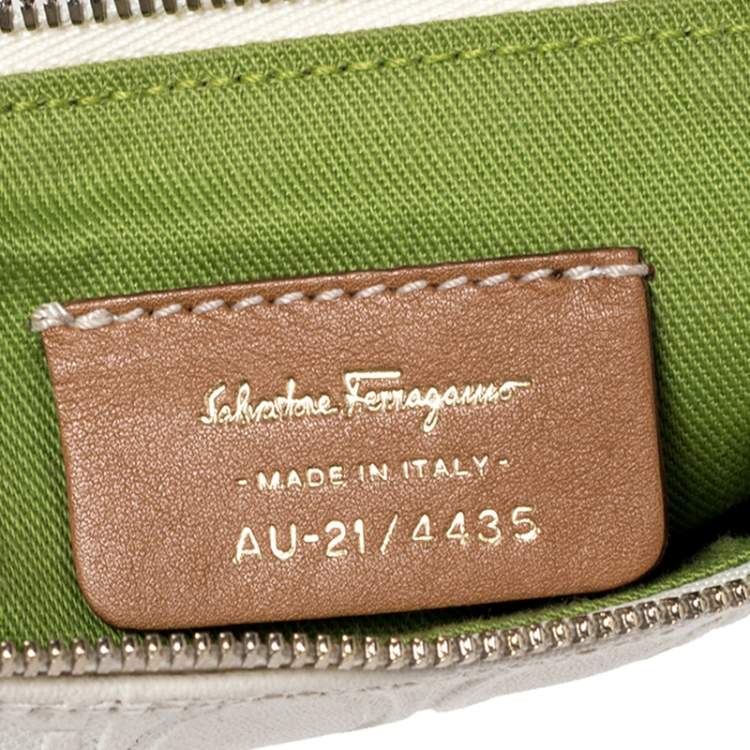Pre Owned  Salvatore Ferragamo Off White/Brown Gancini Embossed Leather Shoulder Bag