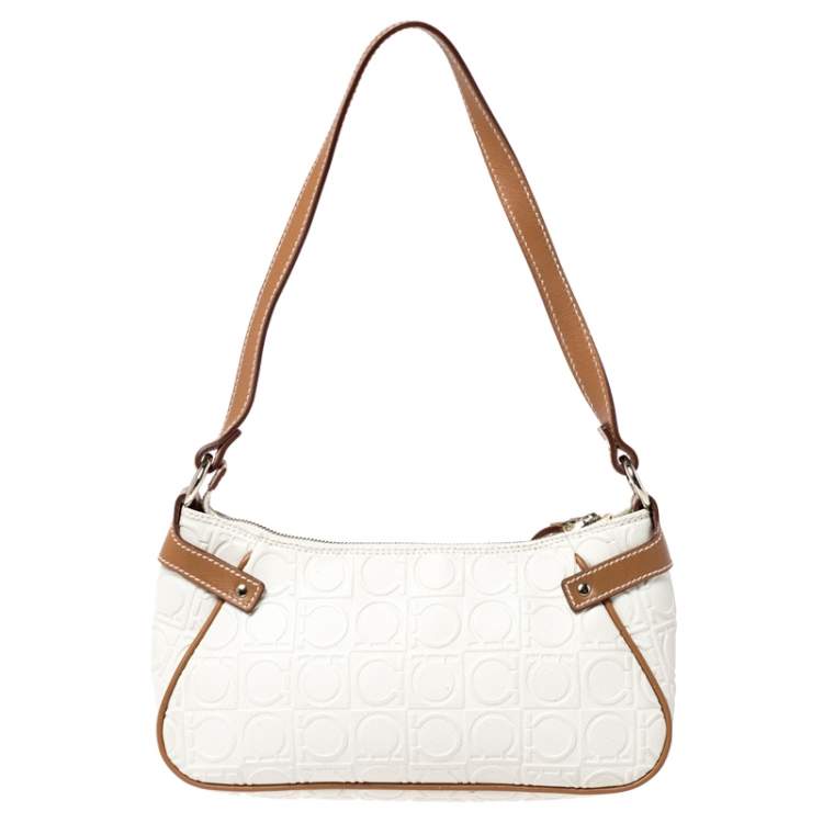 Pre Owned  Salvatore Ferragamo Off White/Brown Gancini Embossed Leather Shoulder Bag