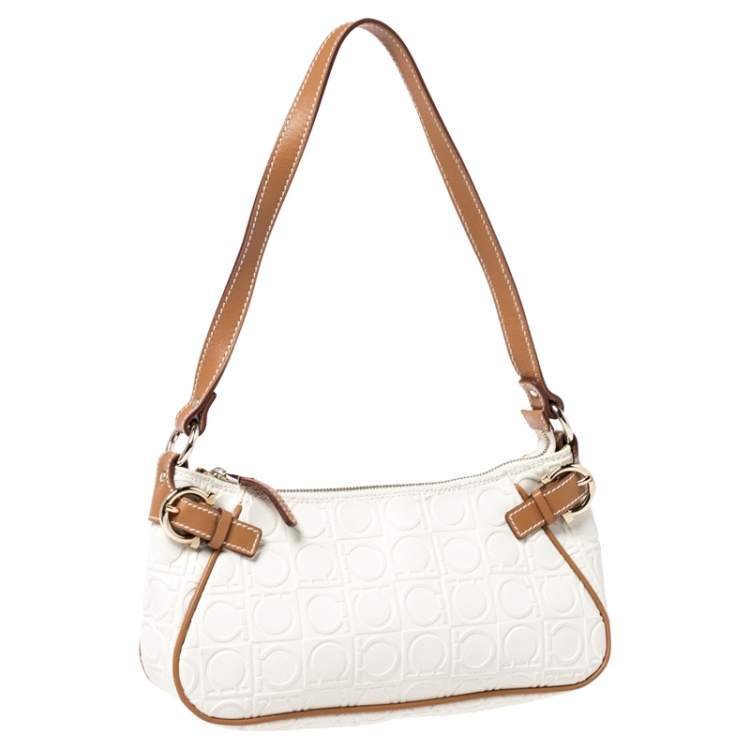 Pre Owned  Salvatore Ferragamo Off White/Brown Gancini Embossed Leather Shoulder Bag