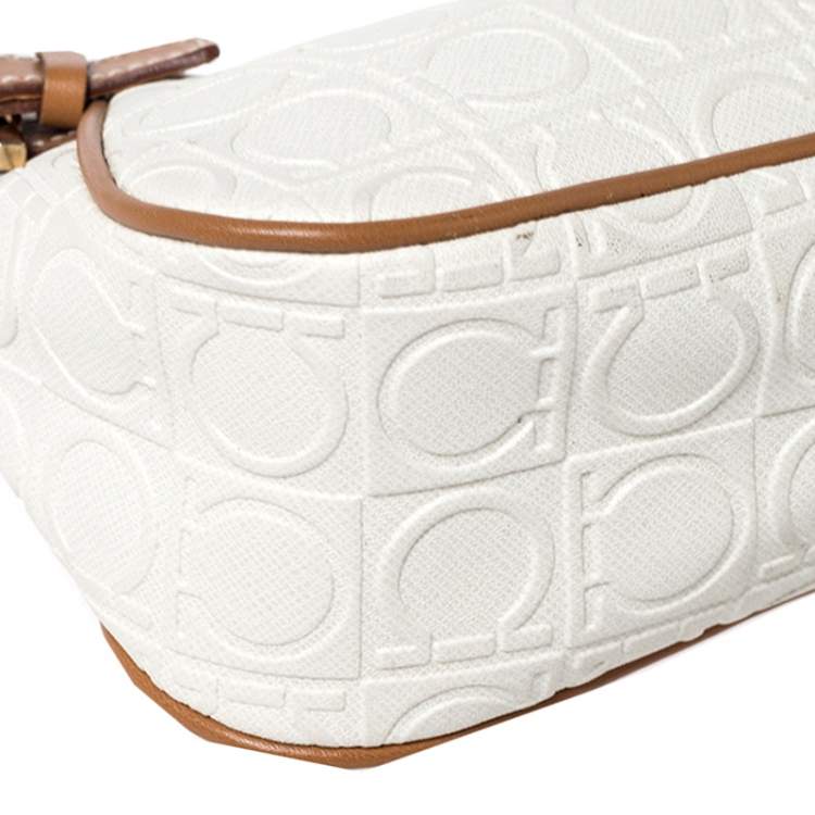 Pre Owned  Salvatore Ferragamo Off White/Brown Gancini Embossed Leather Shoulder Bag