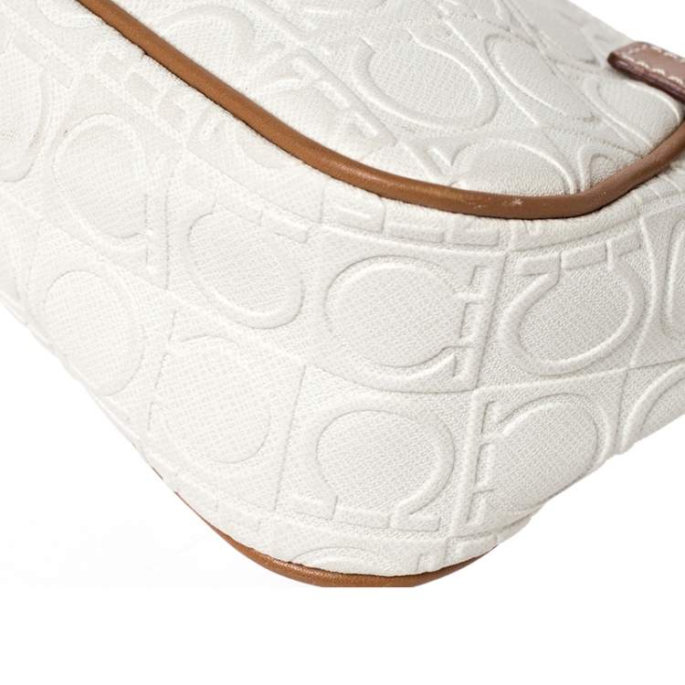 Pre Owned  Salvatore Ferragamo Off White/Brown Gancini Embossed Leather Shoulder Bag