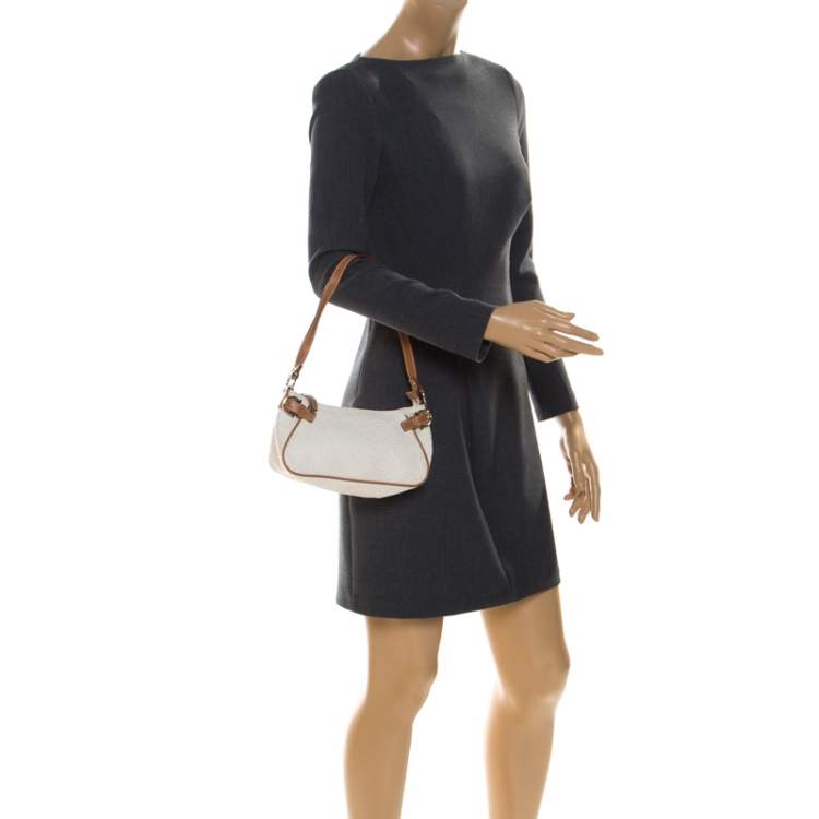Pre Owned  Salvatore Ferragamo Off White/Brown Gancini Embossed Leather Shoulder Bag