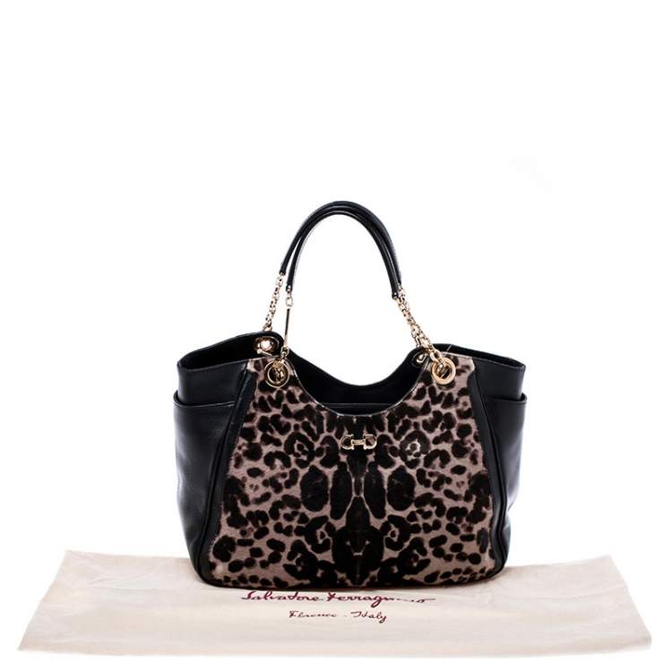 مملوكة مسبقًا Salvatore Ferragamo Black/Brown Leopard Print Calfhair and Leather Betulla Tote