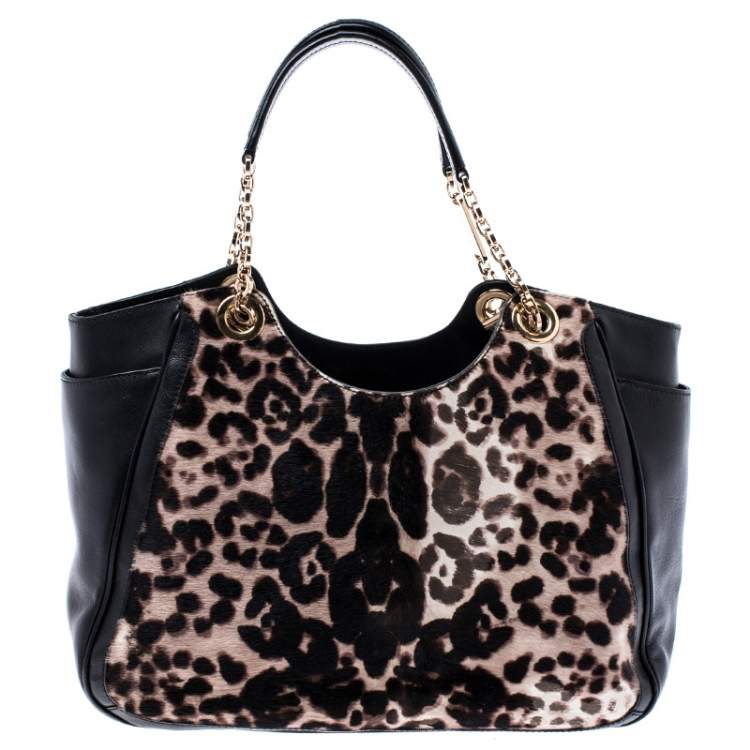 مملوكة مسبقًا Salvatore Ferragamo Black/Brown Leopard Print Calfhair and Leather Betulla Tote