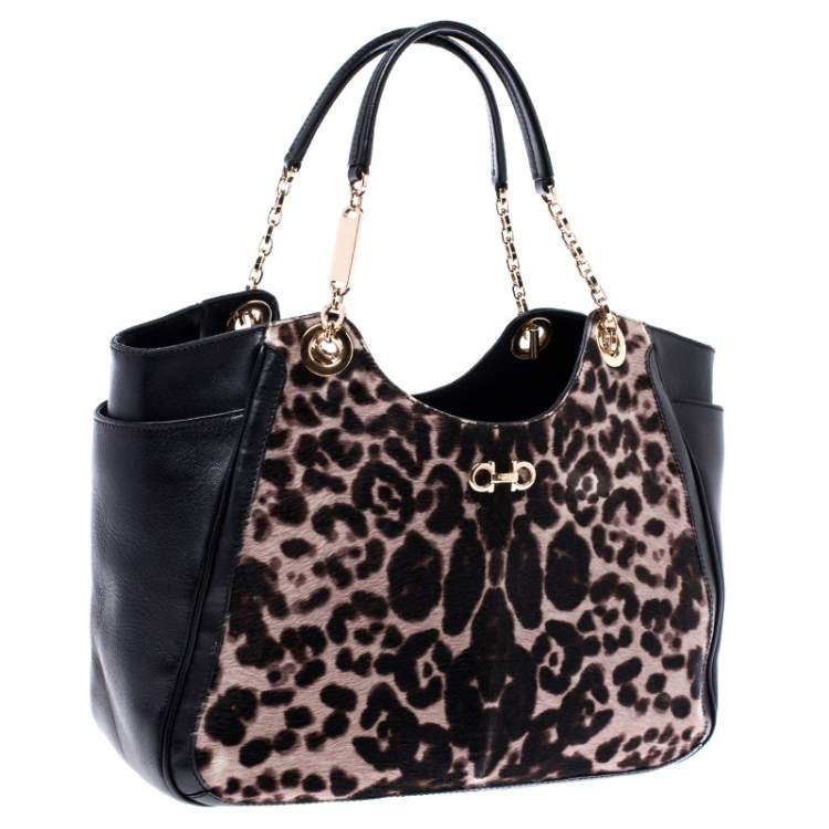 مملوكة مسبقًا Salvatore Ferragamo Black/Brown Leopard Print Calfhair and Leather Betulla Tote