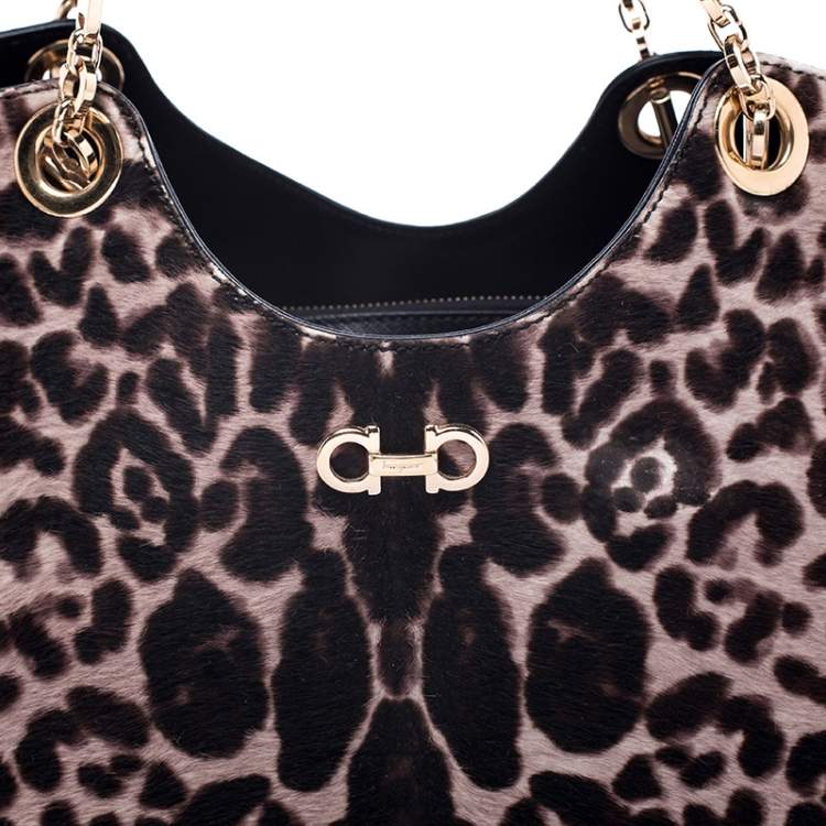 مملوكة مسبقًا Salvatore Ferragamo Black/Brown Leopard Print Calfhair and Leather Betulla Tote