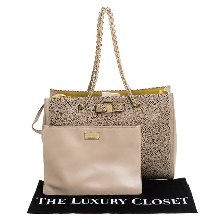 Pre Owned Salvatore Ferragamo Beige Laser Cut Leather Chain Tote