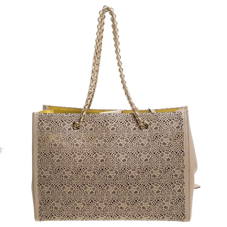 Pre Owned Salvatore Ferragamo Beige Laser Cut Leather Chain Tote