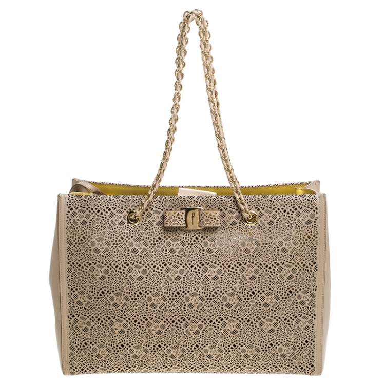 Pre Owned Salvatore Ferragamo Beige Laser Cut Leather Chain Tote