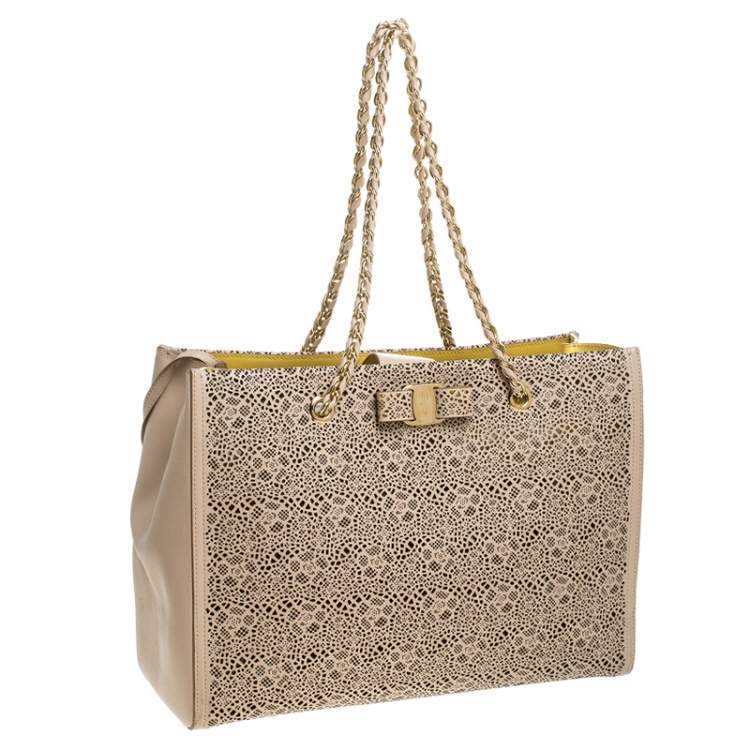 Pre Owned Salvatore Ferragamo Beige Laser Cut Leather Chain Tote