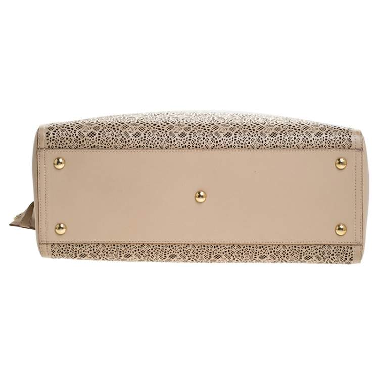 Pre Owned Salvatore Ferragamo Beige Laser Cut Leather Chain Tote