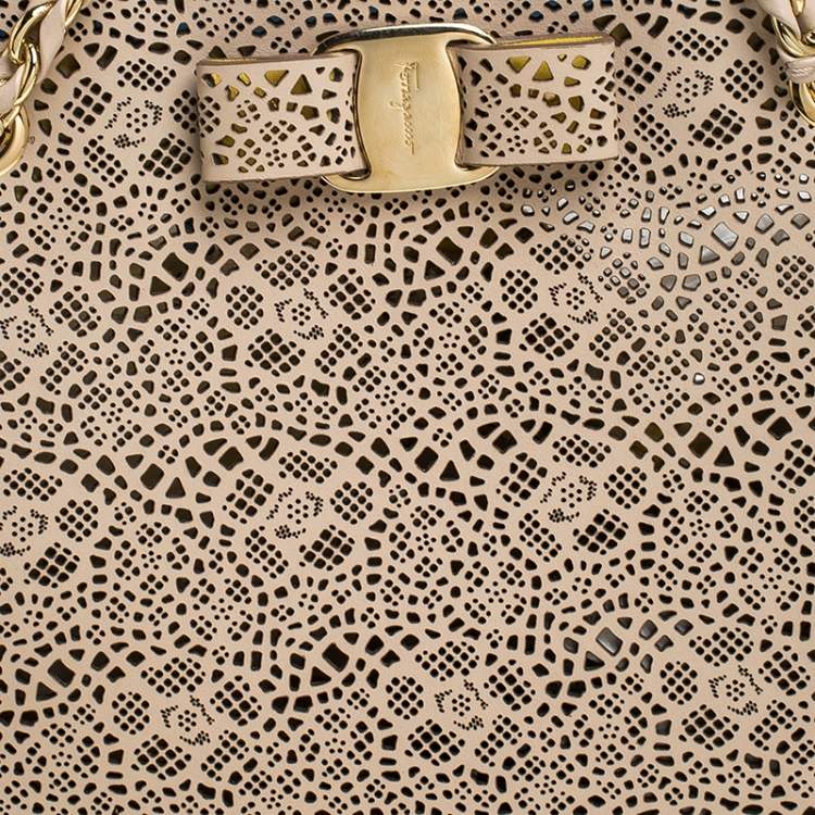 Pre Owned Salvatore Ferragamo Beige Laser Cut Leather Chain Tote