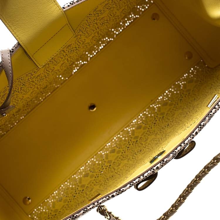 Pre Owned Salvatore Ferragamo Beige Laser Cut Leather Chain Tote