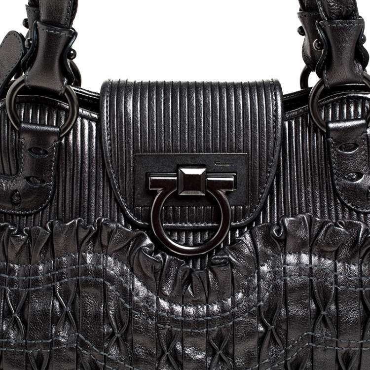 Pre Owned Salvatore Ferragamo Grey Metallic Leather Marisa Satchel