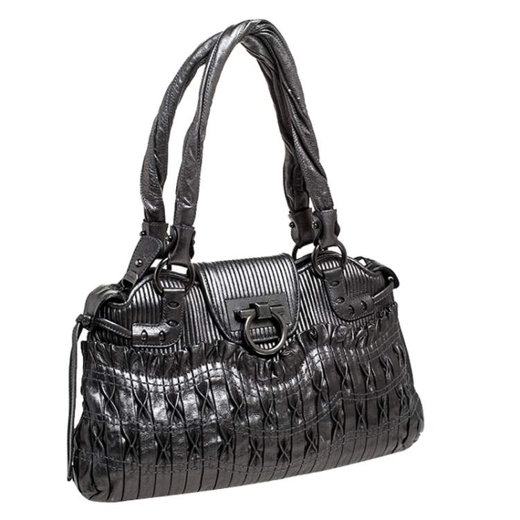 Pre Owned Salvatore Ferragamo Grey Metallic Leather Marisa Satchel