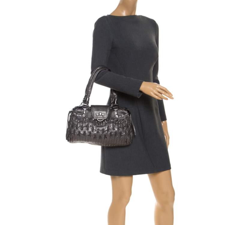 Pre Owned Salvatore Ferragamo Grey Metallic Leather Marisa Satchel