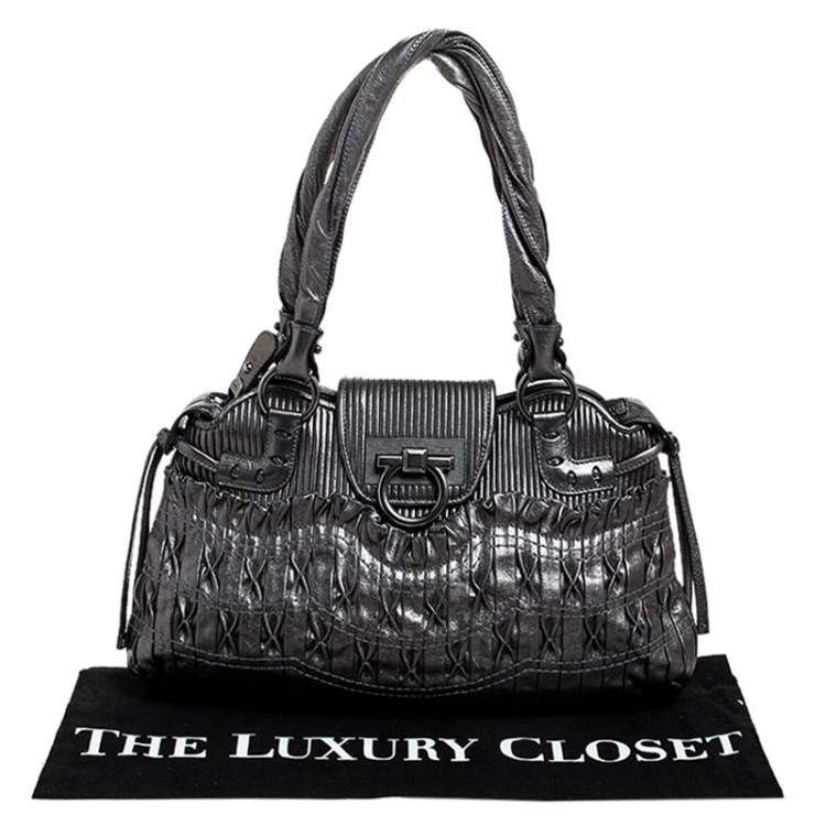 Pre Owned Salvatore Ferragamo Grey Metallic Leather Marisa Satchel