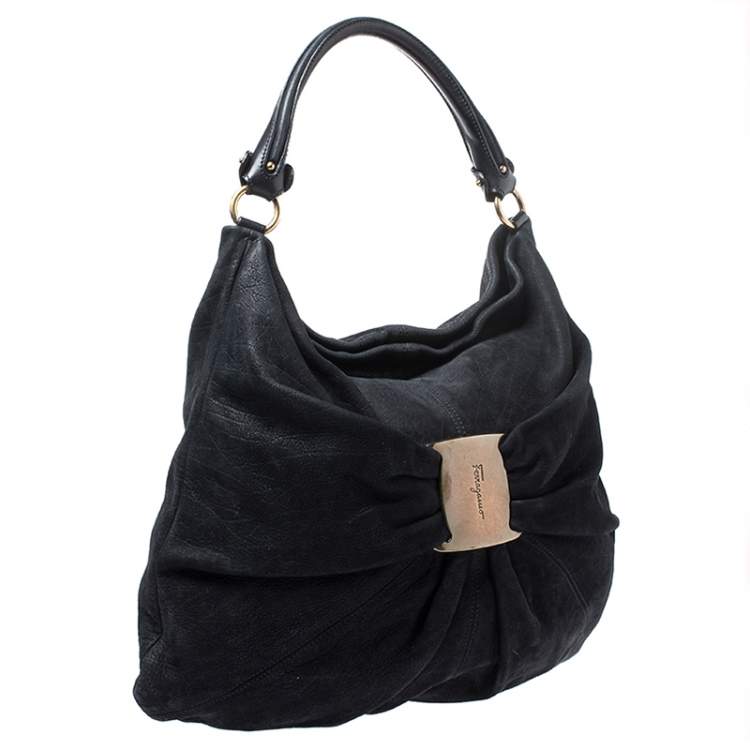 مملوكة مسبقًا Salvatore Ferragamo Black Nubuck and Leather Hobo 