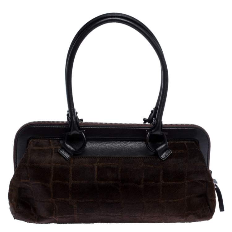 Pre Owned Salvatore Ferragamo Brown/Black Calfhair and Leather Satchel