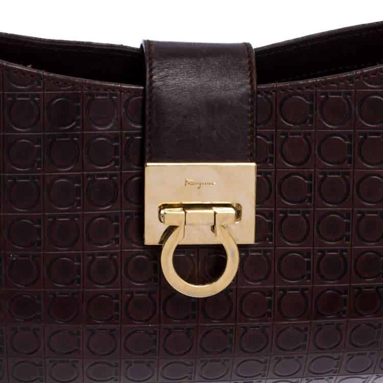 Pre Owned Salvatore Ferragamo Brown Gancini Embossed Leather Shoulder Bag