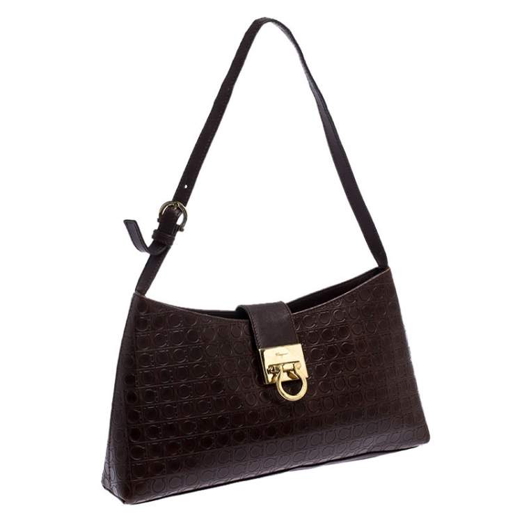 Pre Owned Salvatore Ferragamo Brown Gancini Embossed Leather Shoulder Bag