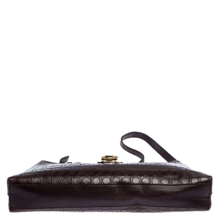 Pre Owned Salvatore Ferragamo Brown Gancini Embossed Leather Shoulder Bag
