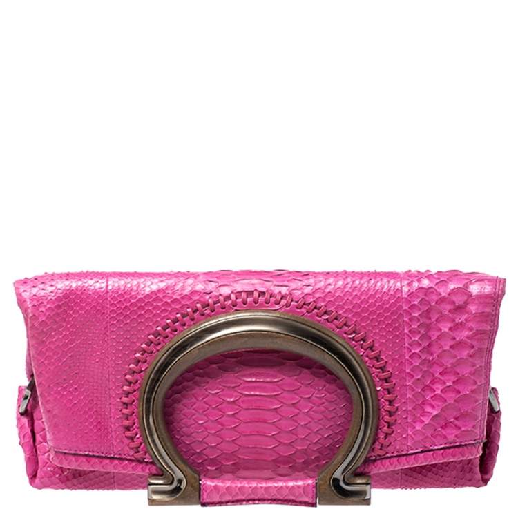 مملوكة مسبقًا Salvatore Ferragamo Fuchsia Python Foldover Clutch