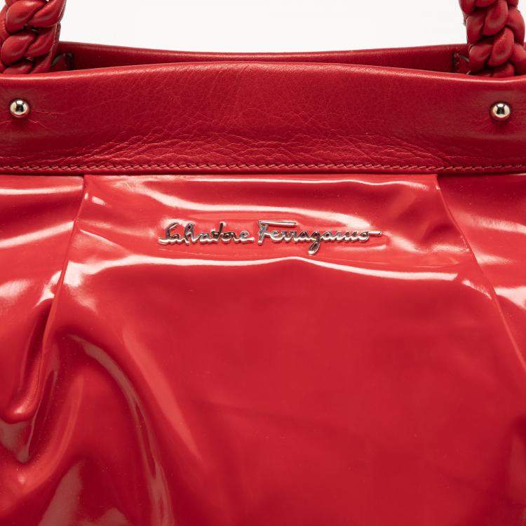 Pre Owned Salvatore Ferragamo Red Patent Leather Braided Handle Hobo