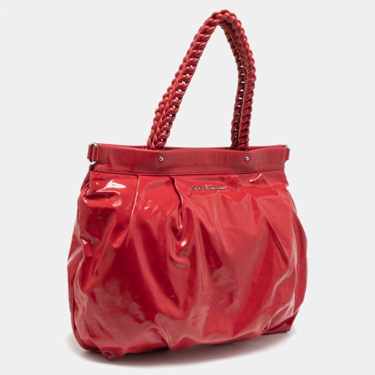 Pre Owned Salvatore Ferragamo Red Patent Leather Braided Handle Hobo