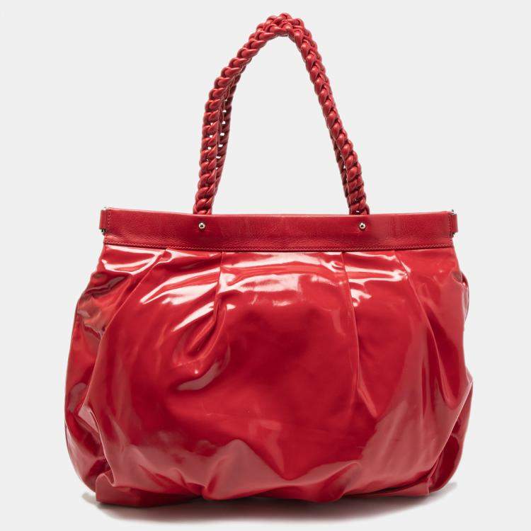 Pre Owned Salvatore Ferragamo Red Patent Leather Braided Handle Hobo