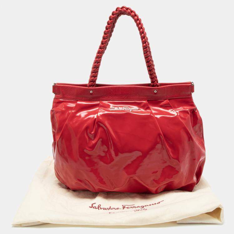 Pre Owned Salvatore Ferragamo Red Patent Leather Braided Handle Hobo