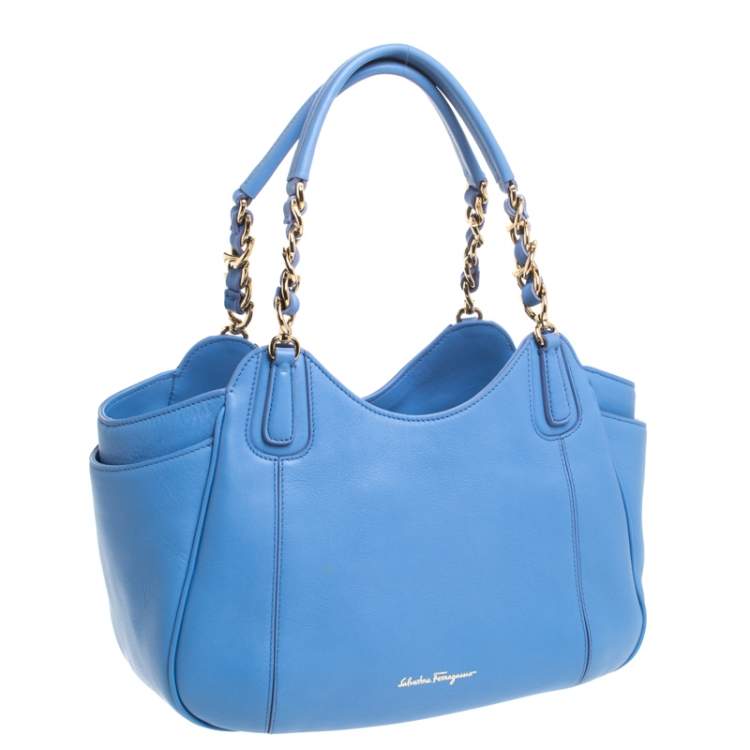 Pre Owned Salvatore Ferragamo Light Blue Leather Melinda Tote