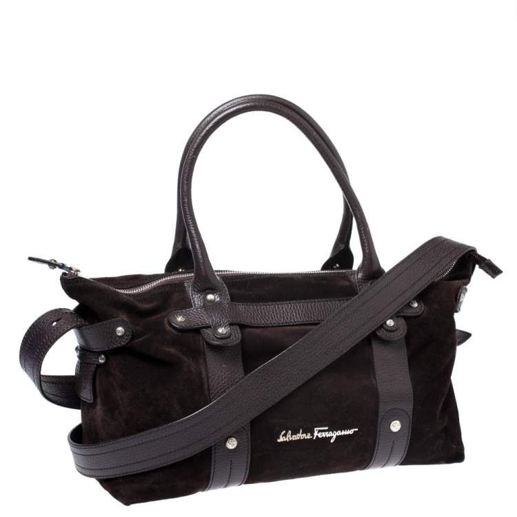 Pre Owned Salvatore Ferragamo Dark Brown Suede and Leather Tote