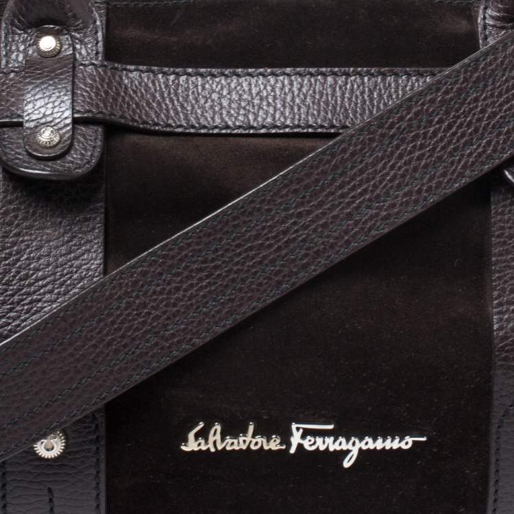 Pre Owned Salvatore Ferragamo Dark Brown Suede and Leather Tote