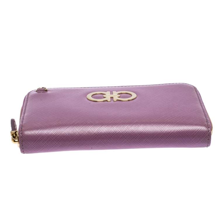 Pre Owned Salvatore Ferragamo Pink Leather Double Gancio Zip-Around Wallet on Chain 