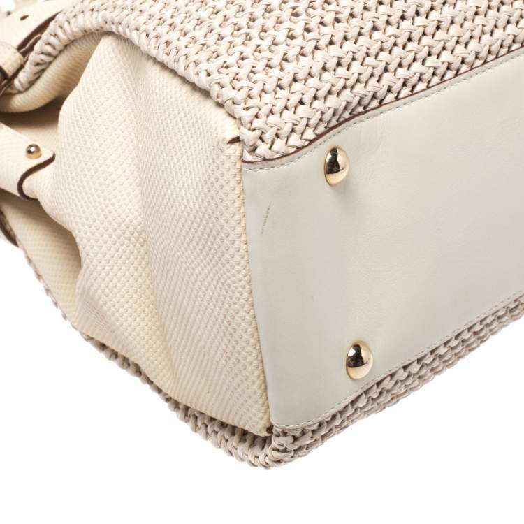 Pre Owned Salvatore Ferragamo Cream Woven Straw and Lizard Embossed Leather Satchel