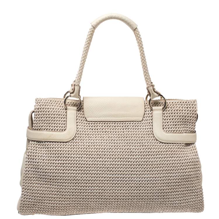 Pre Owned Salvatore Ferragamo Cream Woven Straw and Lizard Embossed Leather Satchel